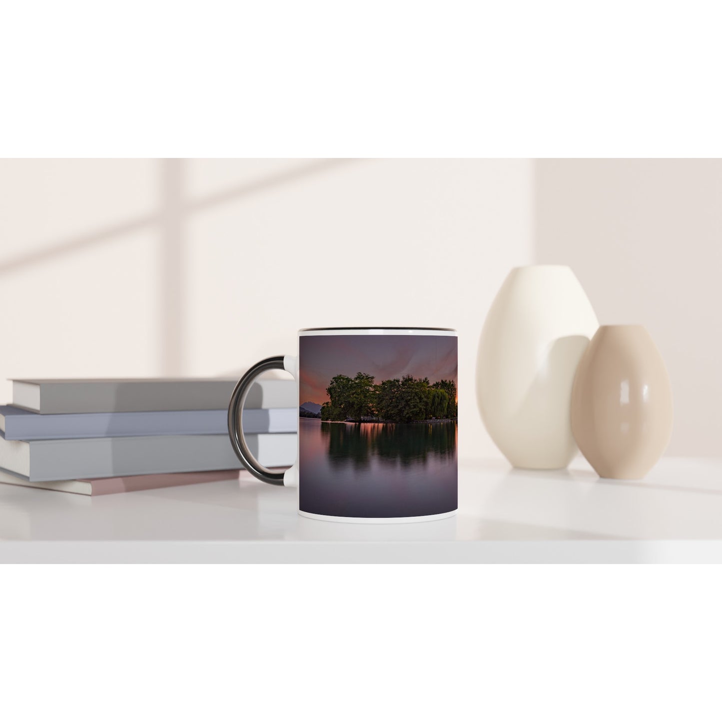 Lake Zug Sunset Ceramic Mug - Colored Rim &amp; Handle 