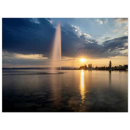 Water fountain on Lake Zug at sunset - Premium Poster