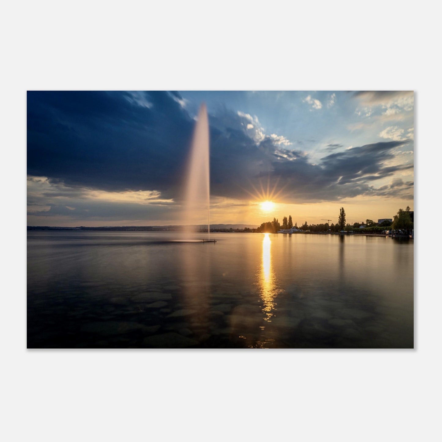 Water fountain on Lake Zug at sunset - Premium Poster