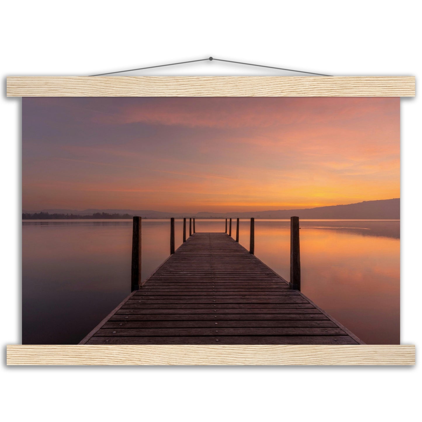 Idyllic wooden jetty on Lake Zug - premium poster with wooden bars