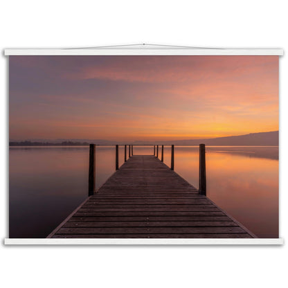 Idyllic wooden jetty on Lake Zug - premium poster with wooden bars