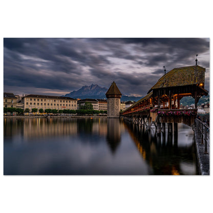 Chapel Bridge Lucerne with Pilatus in the evening - Premium Poster