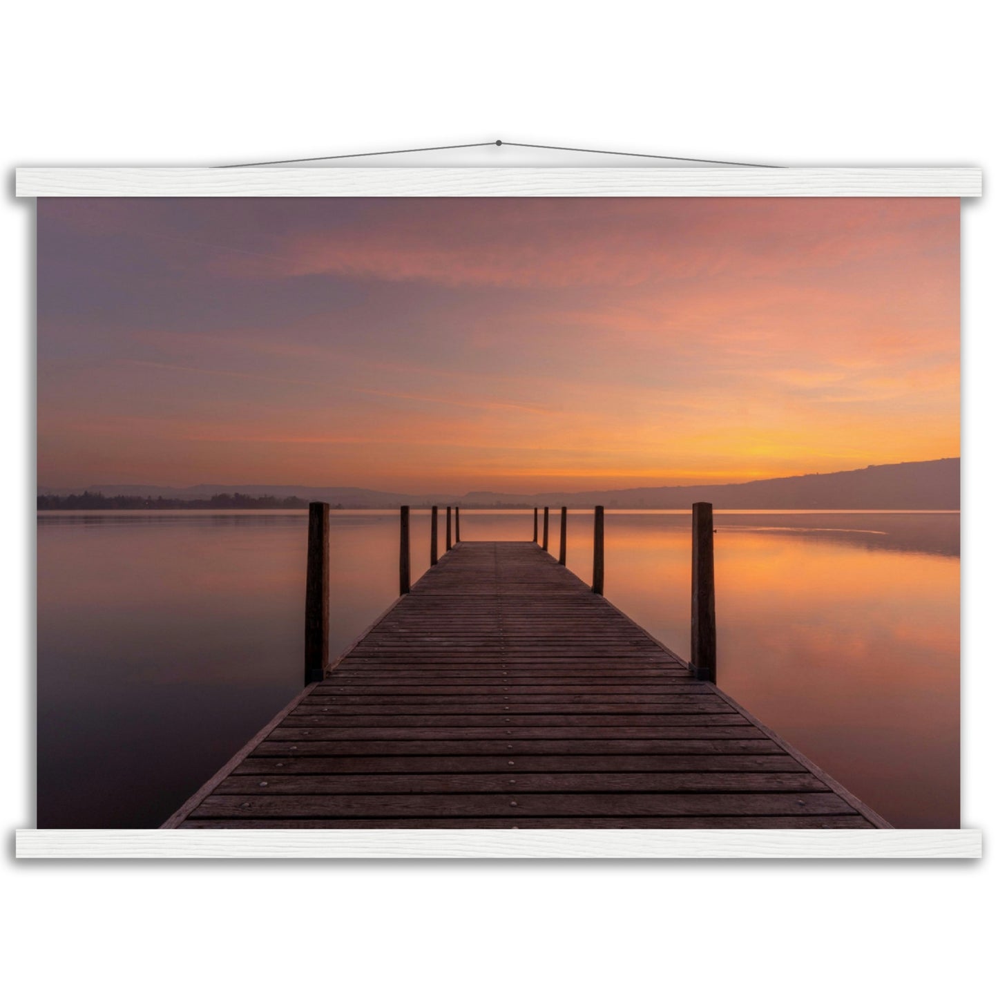 Idyllic wooden jetty on Lake Zug - premium poster with wooden bars