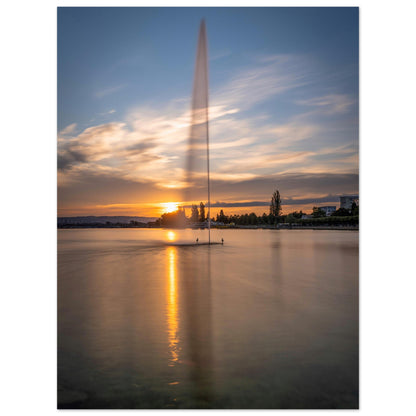 Water fountain in Lake Zug at sunset - poster