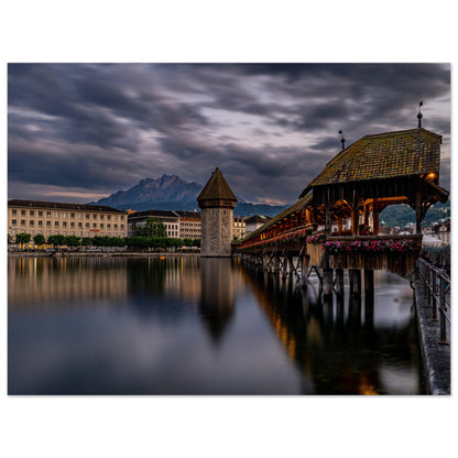 Chapel Bridge Lucerne with Pilatus in the evening - Premium Poster