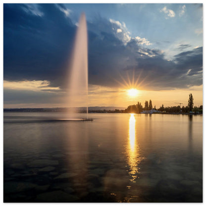 Water fountain on Lake Zug at sunset - Premium Poster