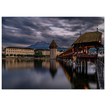 Chapel Bridge Lucerne with Pilatus in the evening - Premium Poster