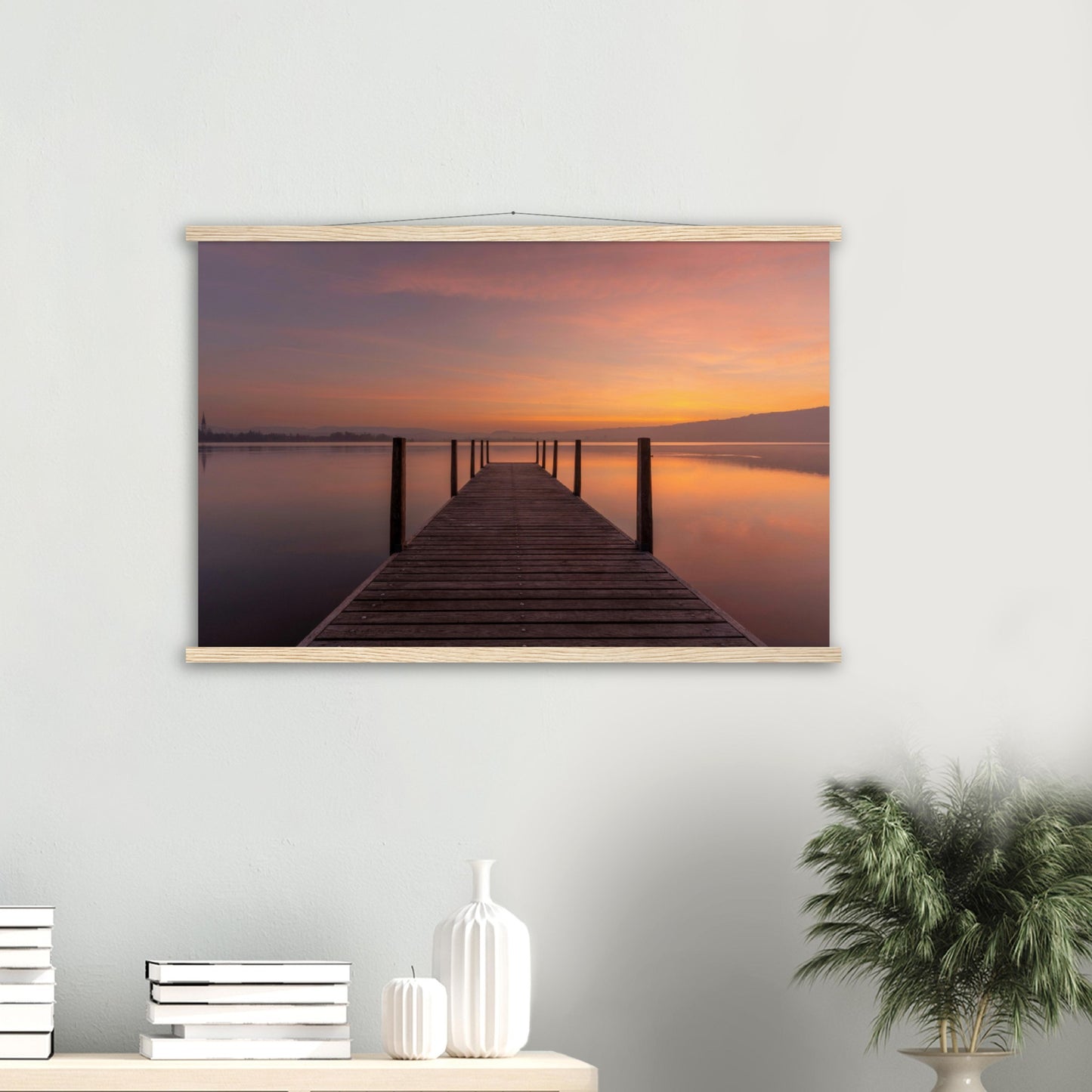 Idyllic wooden jetty on Lake Zug - premium poster with wooden bars