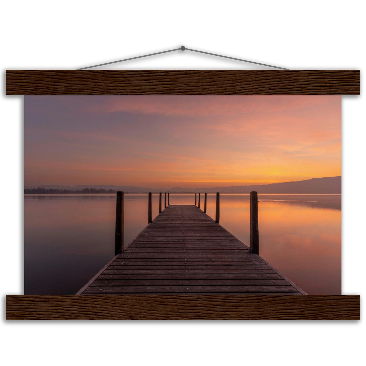 Idyllic wooden jetty on Lake Zug - premium poster with wooden bars