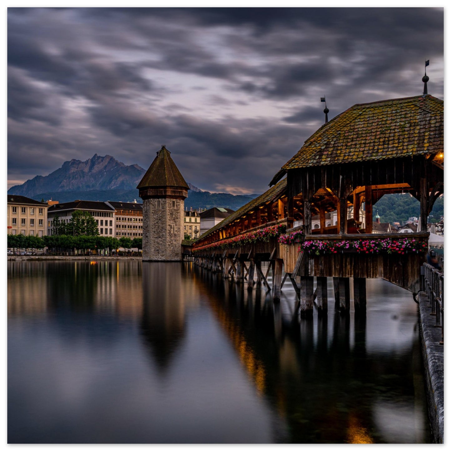 Chapel Bridge Lucerne with Pilatus in the evening - Premium Poster