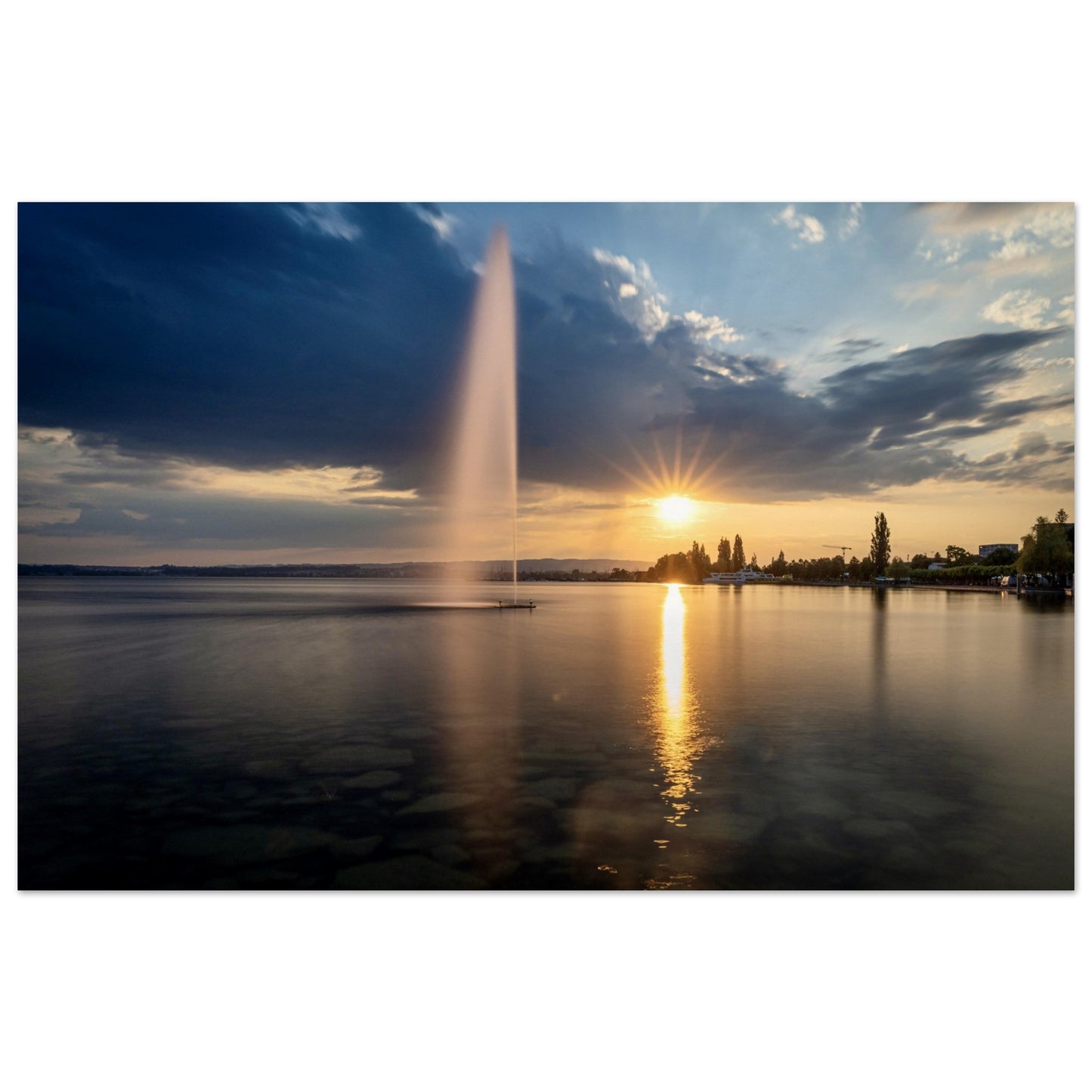 Water fountain on Lake Zug at sunset - Premium Poster