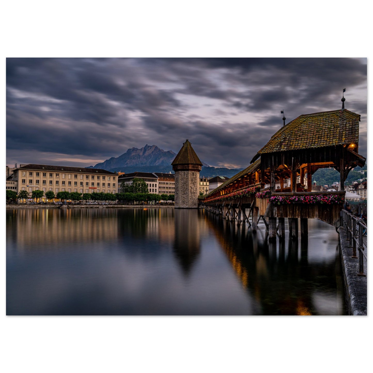 Chapel Bridge Lucerne with Pilatus in the evening - Premium Poster