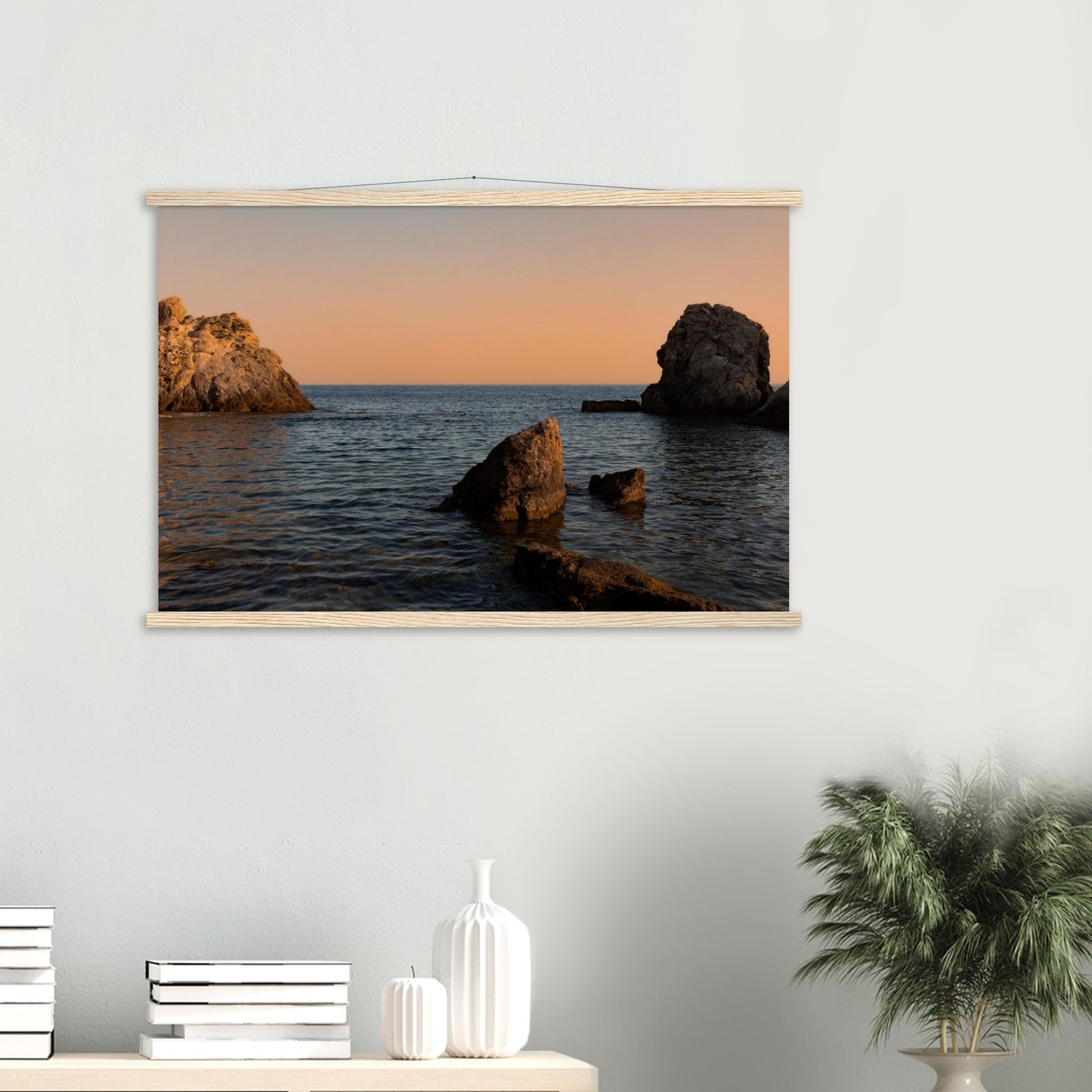 Romantic bay by the sea in orange premium poster with wooden frames