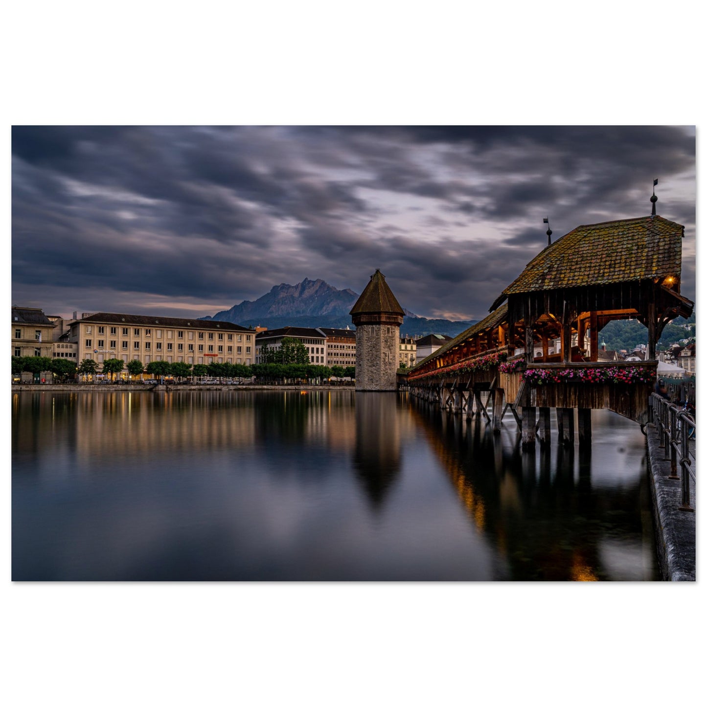 Chapel Bridge Lucerne with Pilatus in the evening - Premium Poster