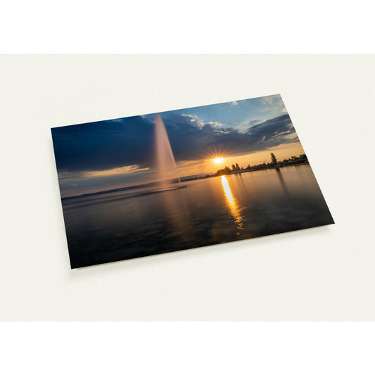 Water fountain on Lake Zug at sunset greeting card set with 10 cards (2-sided, with envelopes)