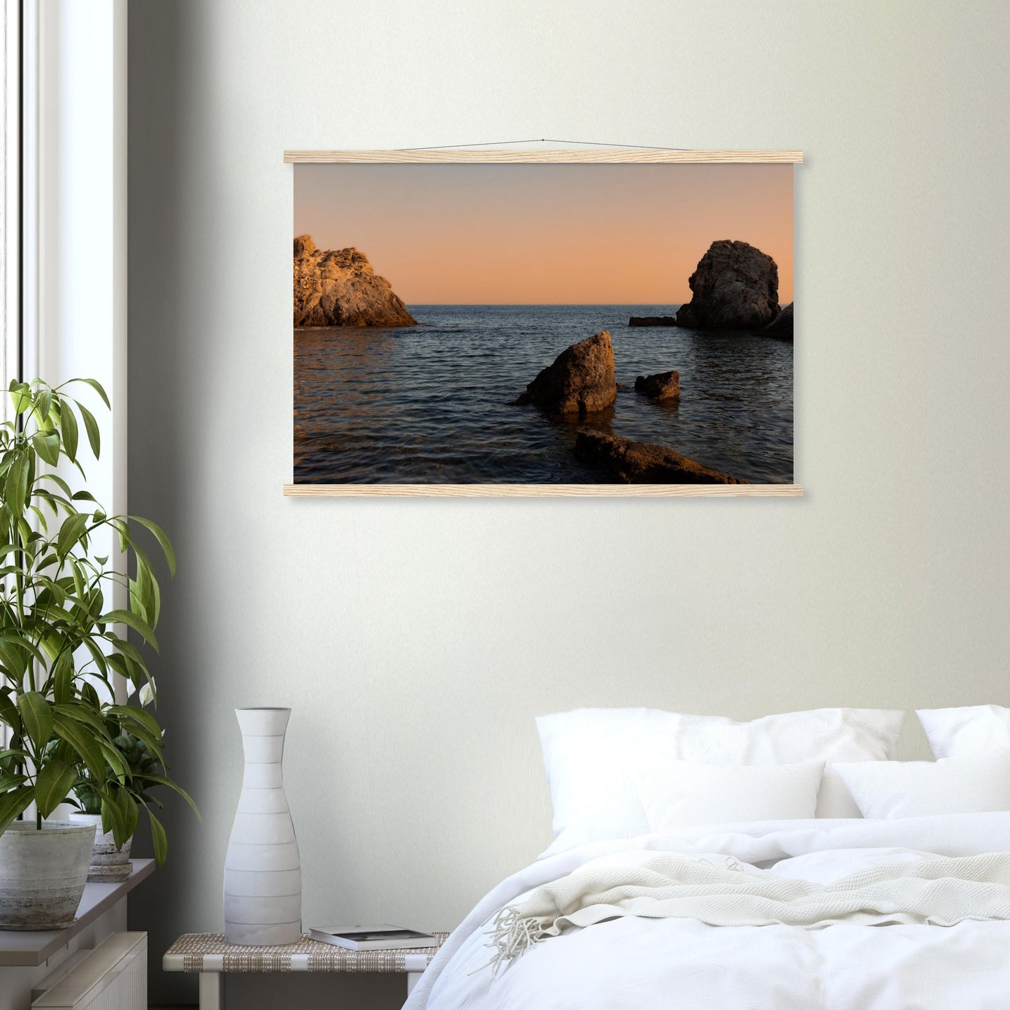 Romantic bay by the sea in orange premium poster with wooden frames