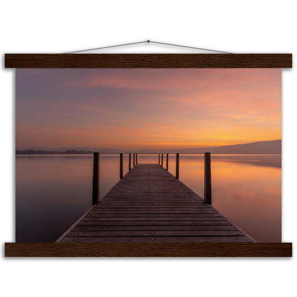 Idyllic wooden jetty on Lake Zug - premium poster with wooden bars