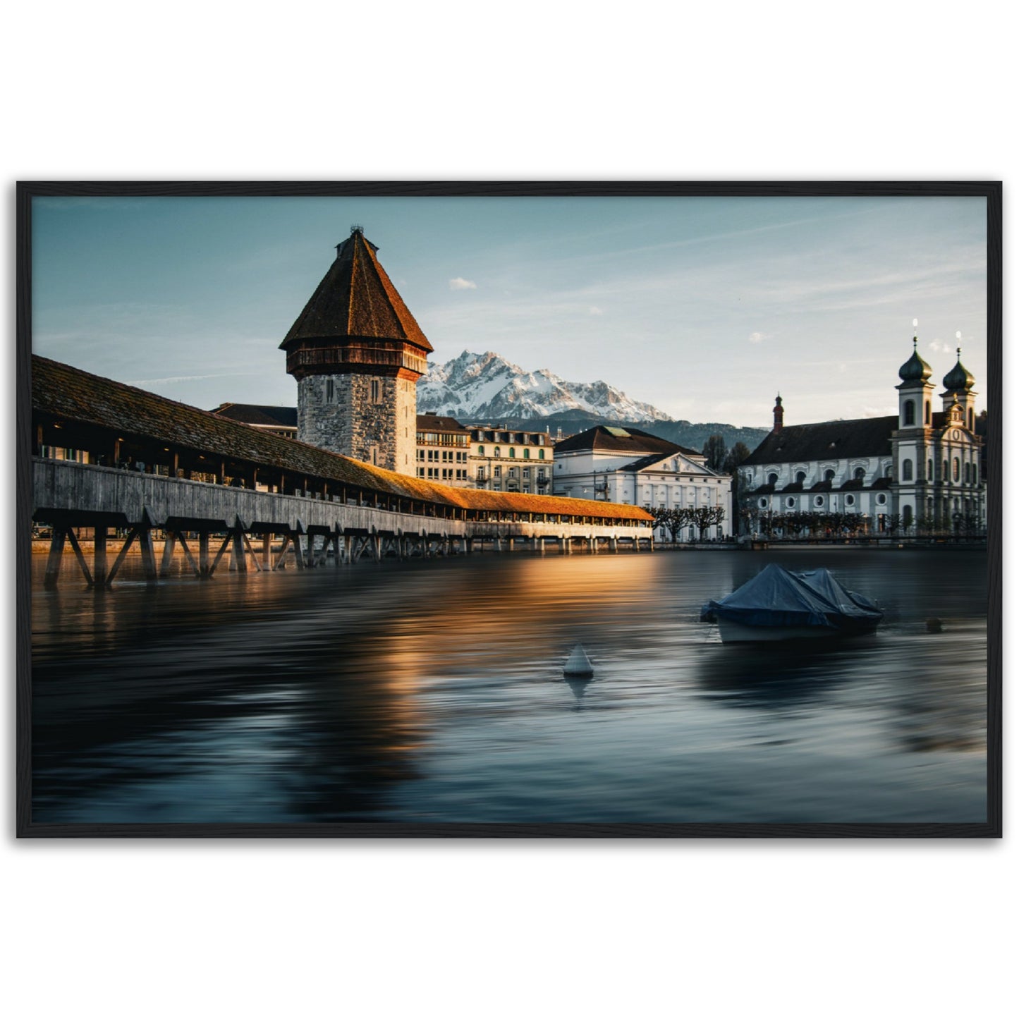 Framed poster Chapel Bridge Lucerne and Pilatus - Dusk