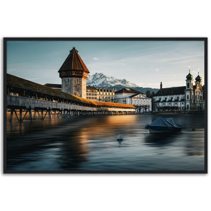 Framed poster Chapel Bridge Lucerne and Pilatus - Dusk