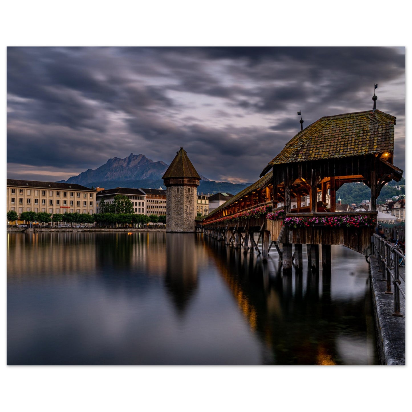 Chapel Bridge Lucerne with Pilatus in the evening - Premium Poster