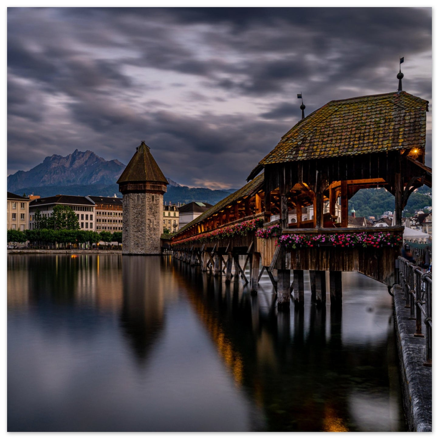 Chapel Bridge Lucerne with Pilatus in the evening - Premium Poster