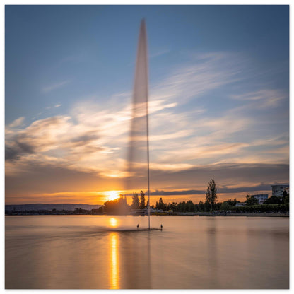 Water fountain in Lake Zug at sunset - poster