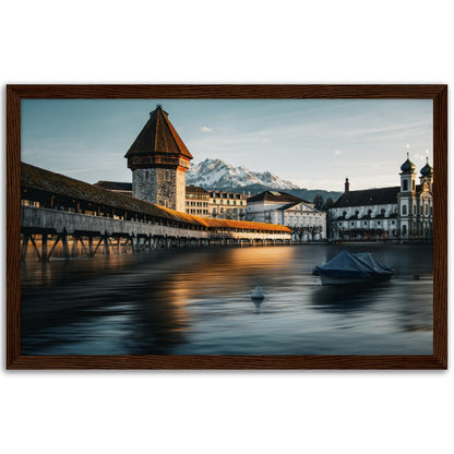 Framed poster Chapel Bridge Lucerne and Pilatus - Dusk